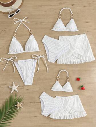 Haut de maillot de bain mignon décoré métallique de couleur unie pour fille pré-adolescente, bas de maillot de bain et jupe de plage à franges pour tenues d"été (3 ensembles vendus séparément), assortiment maman et moi