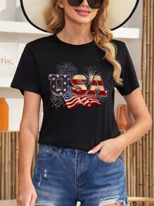 INAWLY Women's Fashionable Summer Short Sleeve T-Shirt With Usa Print Graphic Tees Women Tops