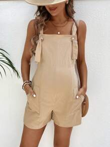 SHEIN 孕妇夏季简约休闲纹理孕妇连体衣 - 卡其色 - 查看 5