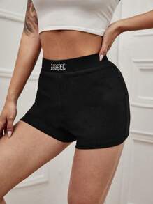 SHEIN ICON Letter Embroidered Rib-knit Cycling Shorts - Black - View 4