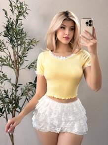 SHEIN ICON Short Sleeve Lace Patchwork Crop Top  Y2K Yellow Bow Cute Pastel Diagonal T-Shirt Suitable For Summer - Yellow - View 5