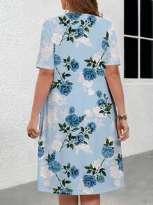 EMERY ROSE 優雅大尺碼女士花卉印花緊身連衣裙，帶玫瑰圖案 - 杏色 - 查看 2