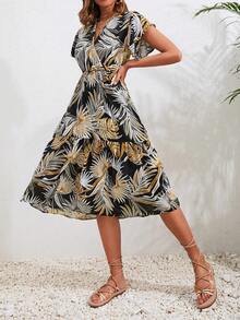 Cottnline Vestido con estampado tropical de manga mariposa bajo con fruncido - Multicolor - Ver 4