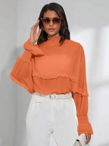 GENKIRA Camisa de manga larga con cuello alto y decorada con ribete fruncido para la primavera - Naranja - Ver 3