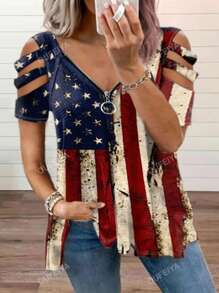 Women's Zipper Flag Independence Day Printed Comfortable Casual Short Sleeved T-Shirt