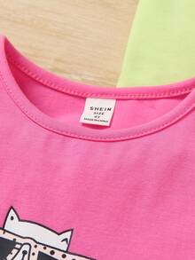 Joven niña, conjunto de 3 piezas camisetas informales de manga corta con impresión de dibujos animados y lazo en la parte delantera para primavera/verano - Multicolor - Ver 4