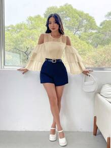 GENKIRA Solid Color Ruffle Hem Long Sleeve Shirt - Beige - View 4