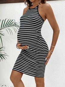 SHEIN Summer Casual Round Neck Striped Halter Maternity Dress - Black - View 5