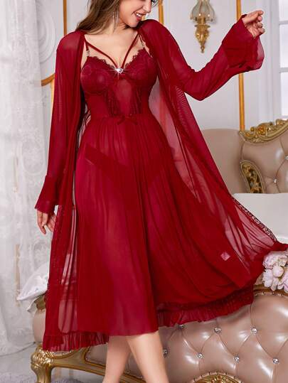 Slumberist Women's Red Lace Perspective Slip Dress And Robe Pajama Set