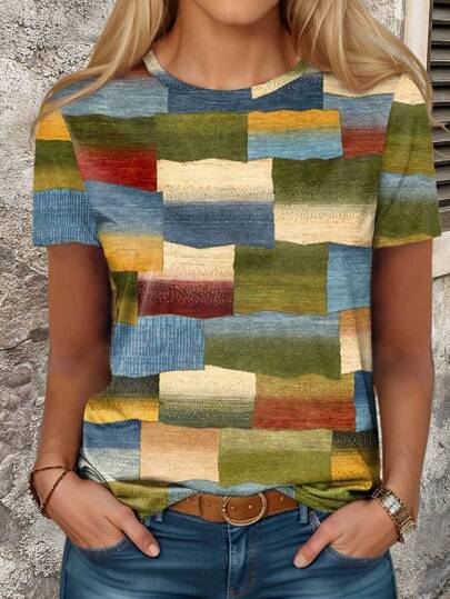 EMERY ROSE Women's Color Block Short Sleeve T-Shirt For Summer Graphic Tees Women Tops