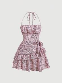 SHEIN MOD Váy ngắn mùa hè hở lưng xếp nếp viền bèo nhún in hoa - Hồng - Xem 1