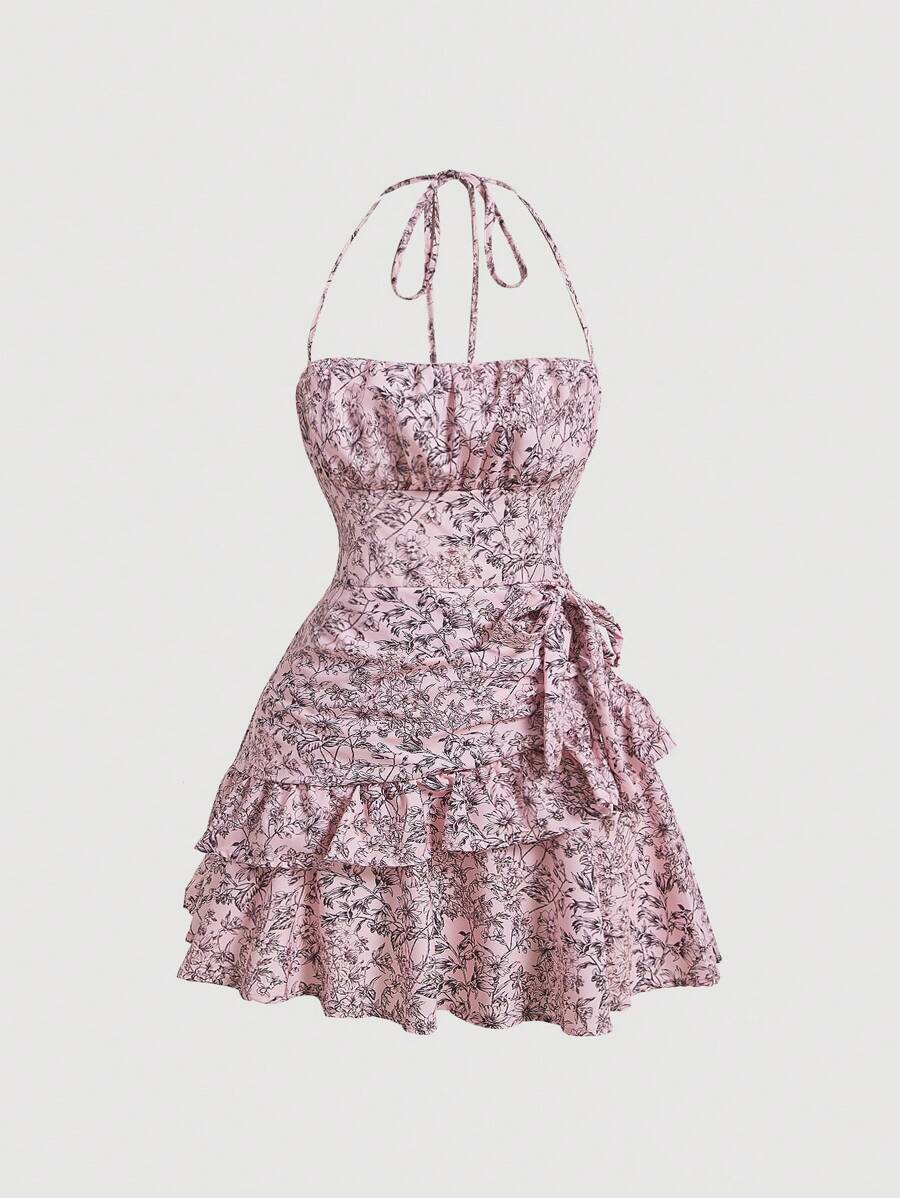 SHEIN MOD Váy ngắn mùa hè hở lưng xếp nếp viền bèo nhún in hoa - Hồng - Xem 1