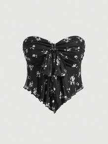 SHEIN MOD 女士花卉印花前结式抹胸波西米亚风上衣 - 黑色 - 查看 1
