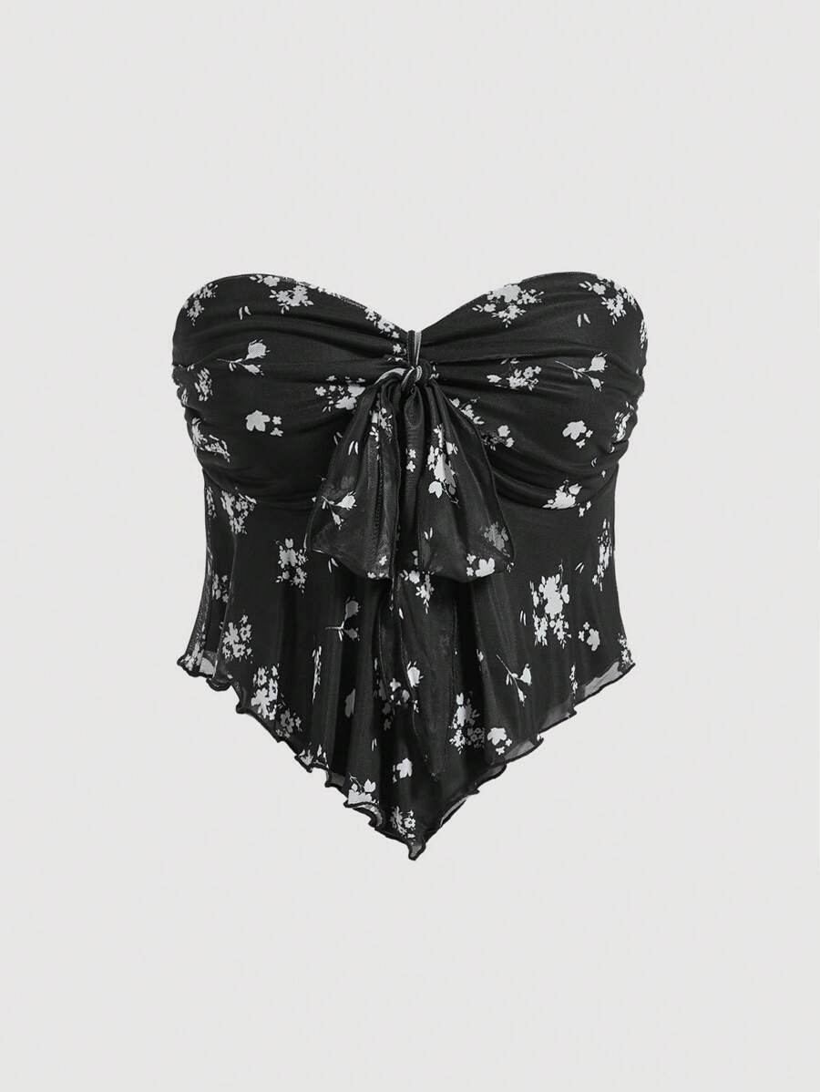 SHEIN MOD 女士花卉印花前结式抹胸波西米亚风上衣 - 黑色 - 查看 1