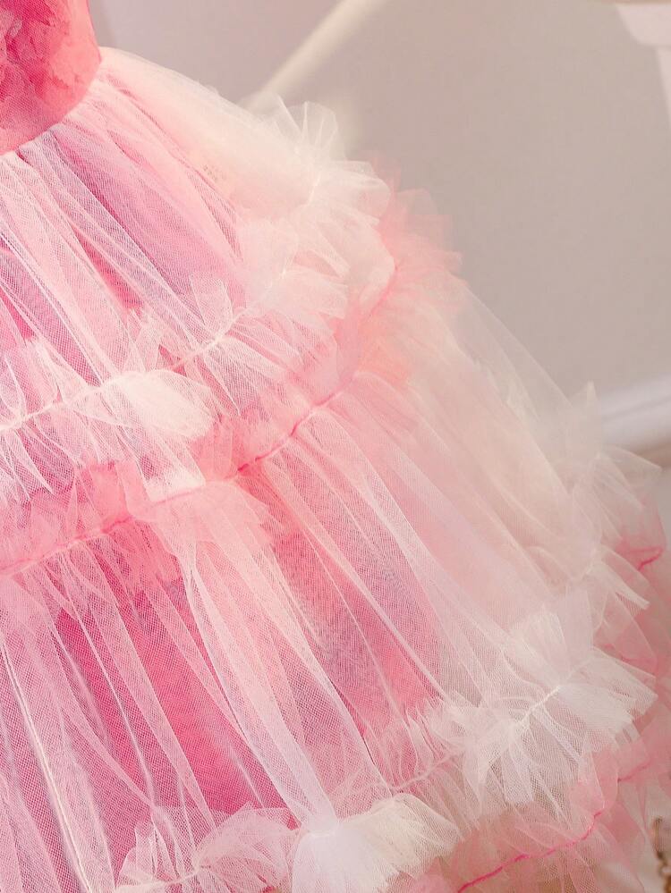 Baby Girl Color Block Mesh Splicing Princess Dress, Perfect For Birthday Party, 1 Year Old