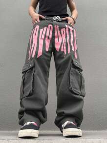 Manfinity EMRG Loose And Simple Men Letter Printed Cargo Denim Pants, Men Graphic Baggy Jeans, Men Graphic Pants, Men Streetwear Pants, Hip Hop Pants - Dark Grey - View 8