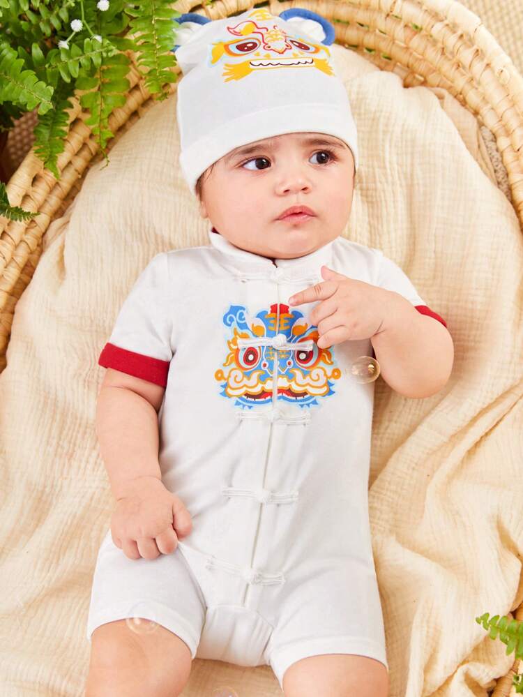 Newborn Baby Boy Chinese Style Button-Up Short Sleeve Romper With Manderin Collar, Tiger Head Hat, And Matching Pants Set