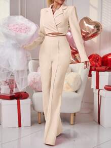 Chiquease Ladies" Solid Color Short Blazer With Tie Waist And Trousers Suit - Khaki - View 1