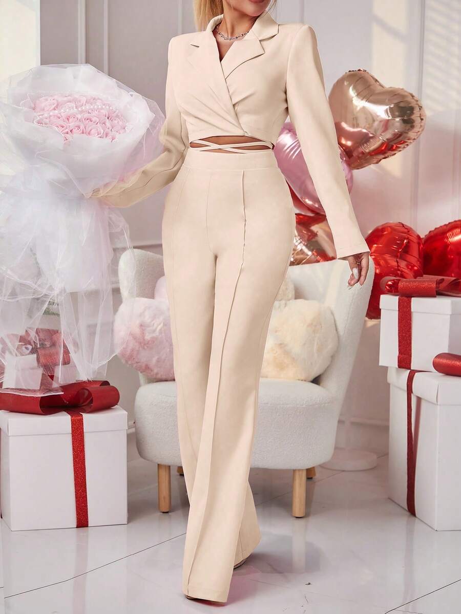 Chiquease Ladies" Solid Color Short Blazer With Tie Waist And Trousers Suit - Khaki - View 1