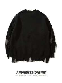 ANDREILEE 男士骷髅图案做旧流苏圆领休闲毛衣，长袖上衣 - 黑色 - 查看 3