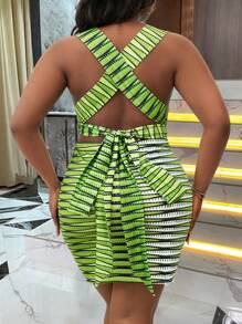 Maweii Plus Size V-Neck Sleeveless Open Back Cross Strap Dress - Multicolor - View 1