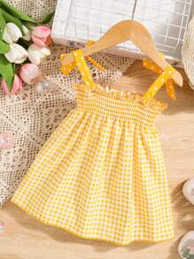 SHEIN Baby Girl Casual Cute Grid Pattern 3d Pineapple Embroidery Towel Dress With Suspender Straps For Spring/Summer - Yellow - View 2