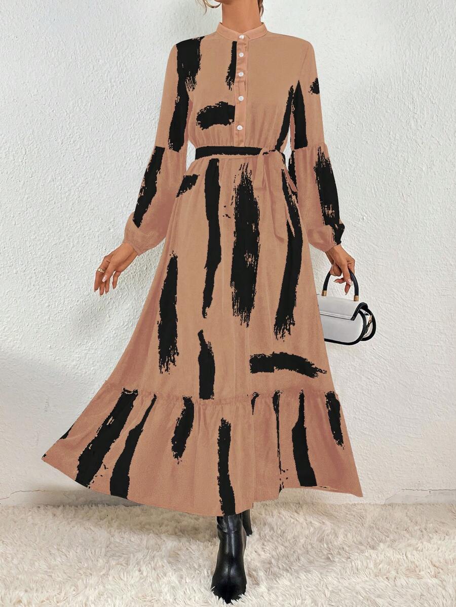 SHEIN Clasi 女性時尚印花長袖連衣裙 - 咖啡 - 查看 1
