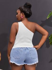 SHEIN Unity 大尺碼女士簡約純色斜肩針織上衣 - 白色 - 查看 5