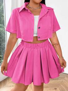 Flirla 夏季大码女式休闲露脐上衣和百褶裙套装 - 玫紅色 - 查看 3