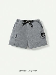 Cozy Pixies Shorts Décontractés Pour Bébé Garçon Avec Étiquette Tissée De Couleur De Bloc, Ceinture Élastique À Poches Latérales