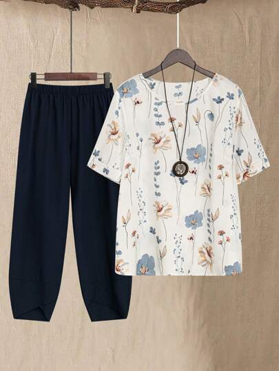 Linhara Plus Size Women Loose Fit Floral Print Round Neck Short Sleeve Top And Tapered Pants Summer Two Pieces Set