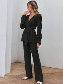EURMUSE 100%Cotton Plunging Neck Belted Top & Pants - Black - View 3