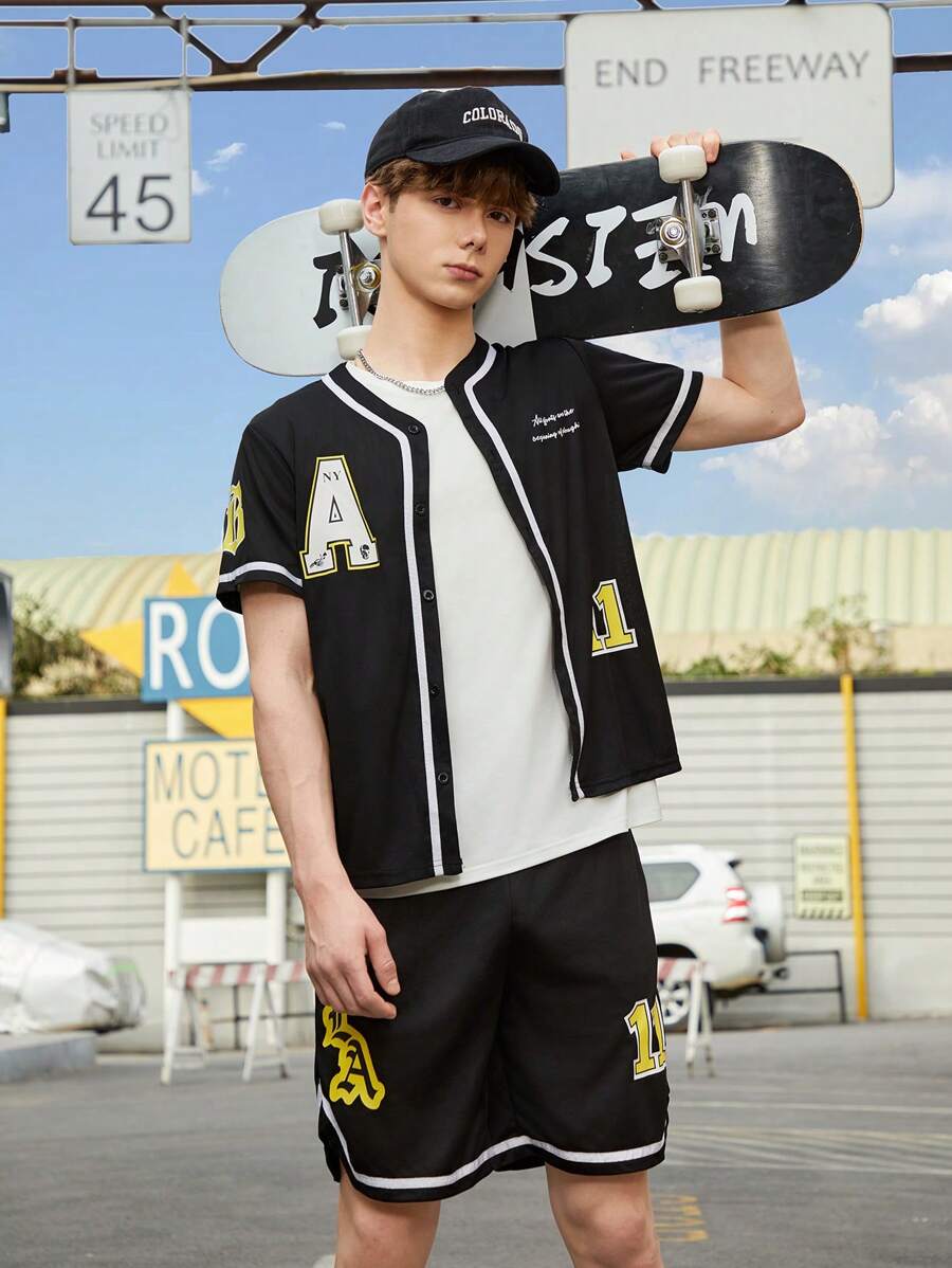 Teen Boy Slogan Print Contrast Trim Shirt And Shorts Set - Black - View 1