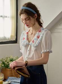 Simple Retro Summer Sweet Contrast Color Double Layer Peter Pan Collar Flower Embroidered Ruffle Trim Blouse - White - View 6
