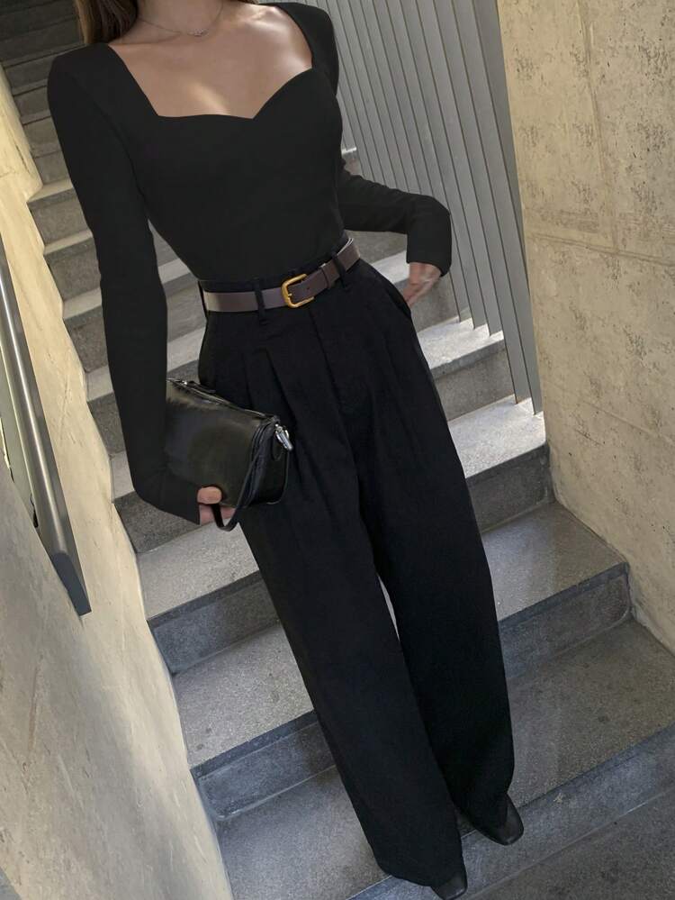 Women's Sweetheart Neck Long Sleeve Casual Solid T-Shirt, Spring/Summer,Fall Women Clothes