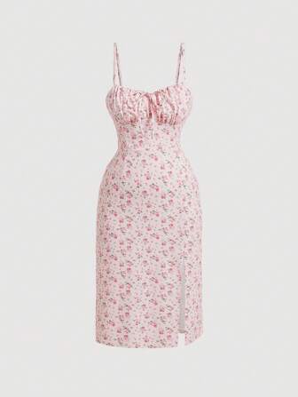 SHEIN MOD Talla Grande Vestido De Camisola Con Impresión Floral Con Fruncido De Busto Y Abertura Alta