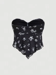 SHEIN MOD 女士花卉印花前结式抹胸波西米亚风上衣 - 黑色 - 查看 2