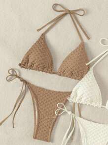 SHEIN Swim Bộ bikini xẻ tà họa tiết màu trơn, bãi biển mùa hè - Nhiều màu - Xem 5