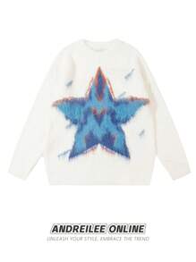 ANDREILEE 男士圆领长袖毛衣，宽松休闲针织套头衫，适合秋冬季穿着 - 白色 - 查看 1