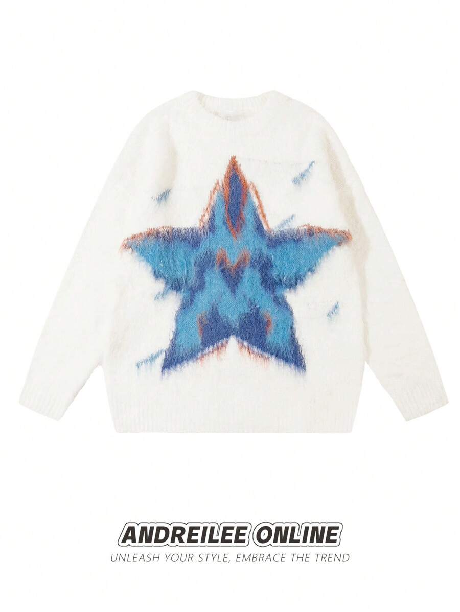 ANDREILEE 男士圆领长袖毛衣，宽松休闲针织套头衫，适合秋冬季穿着 - 白色 - 查看 1