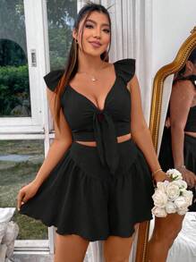 Flirla Plus Size Women's Summer Front Tie Flutter Sleeve Top And Shorts Set