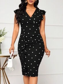 SHEIN Lady Office Dress Four Season Slim Elegant Patchwork Polka Dot Print Pleated Ruffles Hem Bodycon Dress - Black - View 1