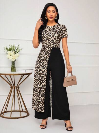 SHEIN Lady 女士圓領豹紋短袖連身褲