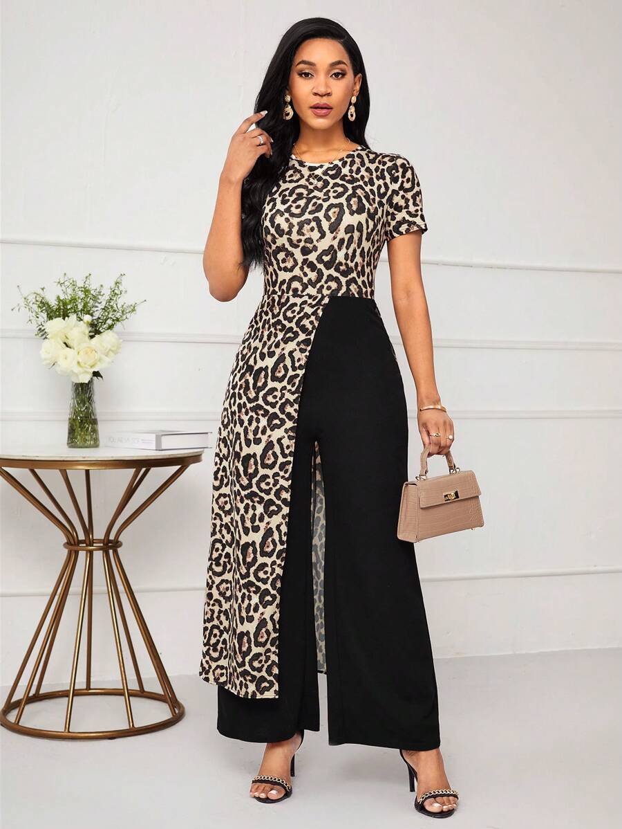 SHEIN Lady 女士圓領豹紋短袖連身褲 - 彩色 - 查看 1