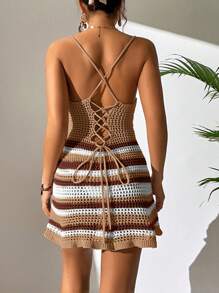 SHEIN Swim 夏季沙灘休閒彩塊針織露背騎士背心連衣裙,中空細節設計 - 咖啡棕 - 查看 2
