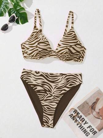 SHEIN Swim Curve Summer Beach Plus Size Zebra Print V-Neck Bikini Set