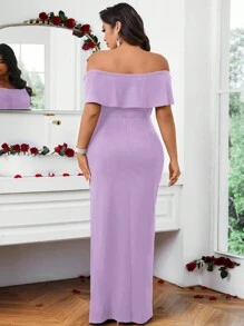 SHEIN Belle 女性時尚優雅純色露肩分裂大尺碼連衣裙 - 淡紫色 - 查看 2
