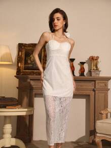 Chiquease 3D Floral Decor Cinching Waist Lace Split Elegant Dress - White - View 7