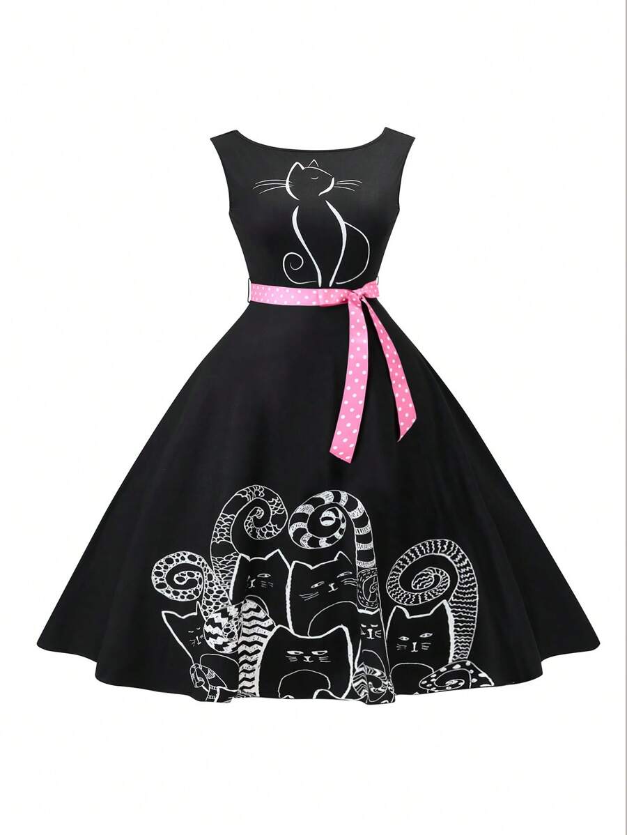 Celure Plus Size Cat Print Belted Round Neck Dress Maxi Women Outfit ...