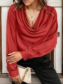 SHEIN Clasi Blusa de manga larga con cuello drapeado en talla grande - Rojo - Ver 4